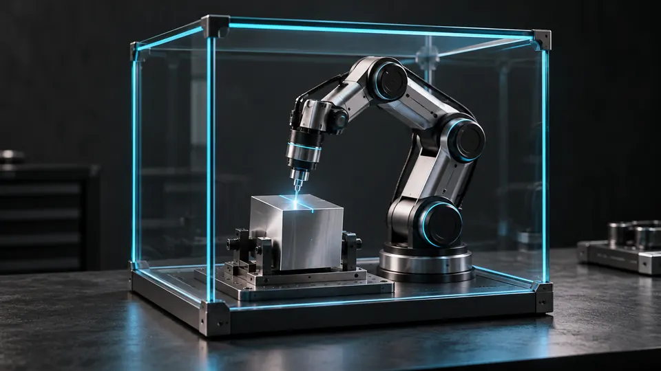 A robotic tool working inside a glass enclosure.
