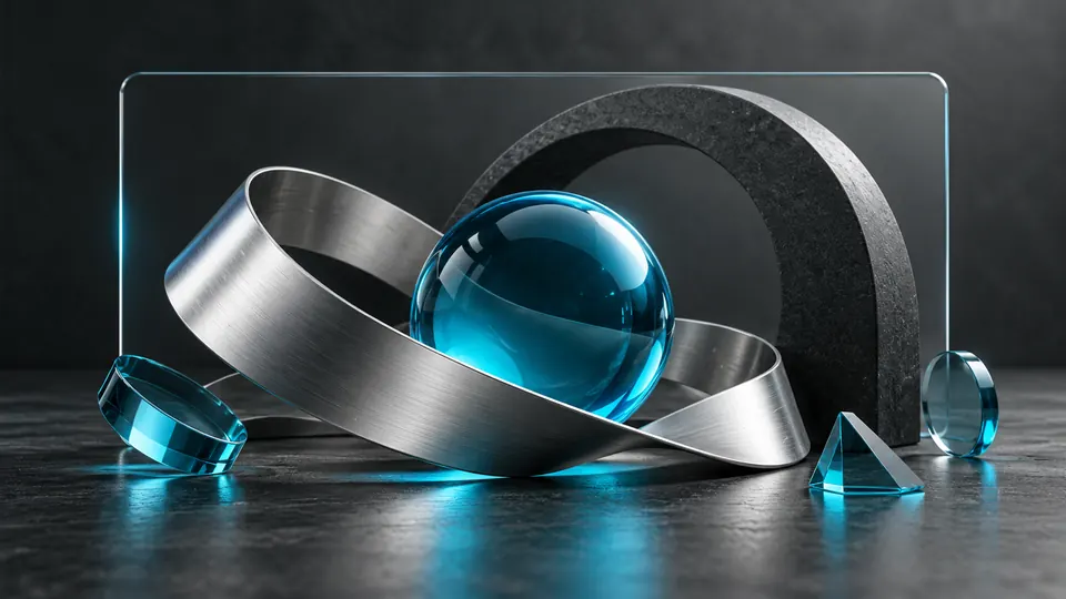 A composition of metallic forms and cyan glass in an image frame.
