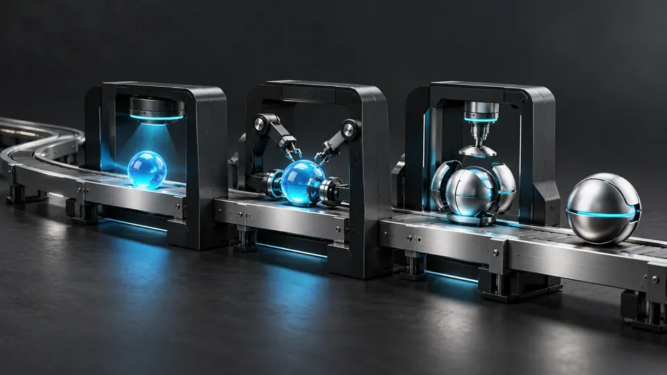 A path connects three workstations to a finished deliverable.