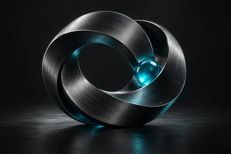 Continuous metal sculpture with a cyan sphere connecting its parts